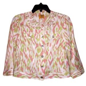 Ruby Road Petite Linen-Blend Multicolor, Rosette Detail Jacket, Size 8P